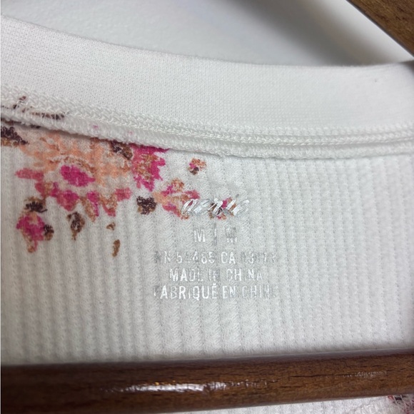 Aerie White Pink Floral Waffle Knit Thermal Long Sleeve Henley Top - Picture 4 of 7